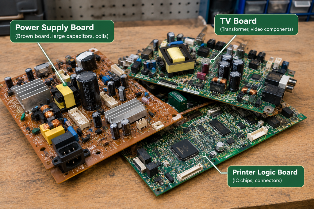 Pile of low-grade circuit boards from power supplies, televisions and printers with transformers and large capacitors