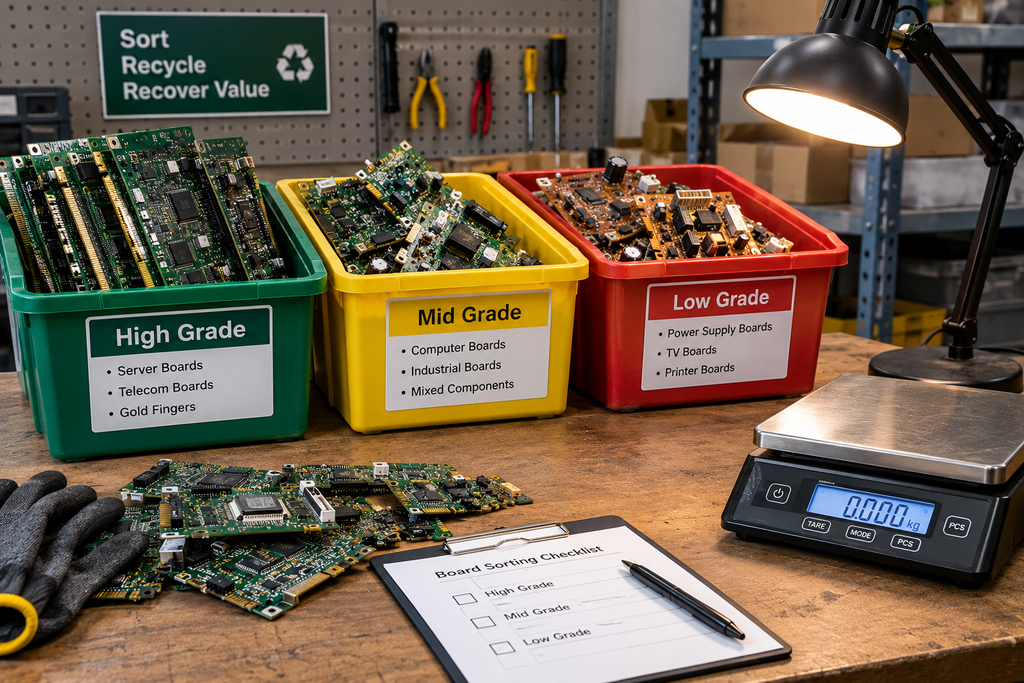 Circuit board sorting station with labeled high, mid and low grade bins next to a scale and work lamp