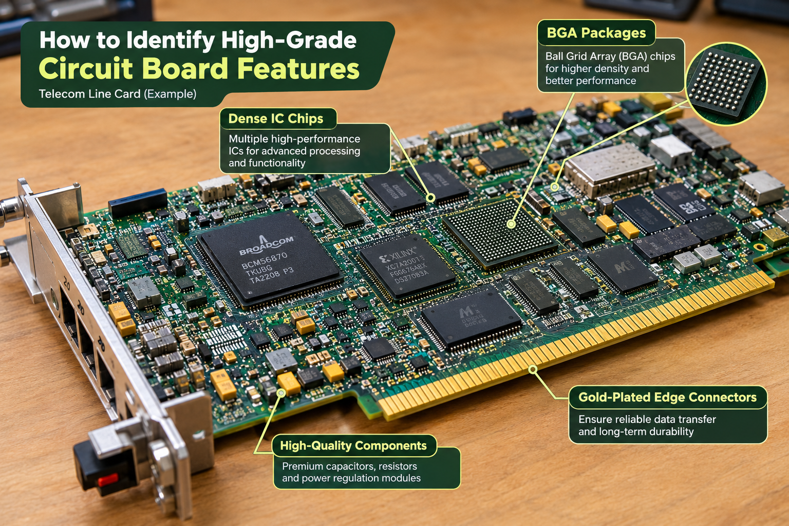 Labeled close-up of a telecom circuit board showing BGA chips, dense IC chips and gold-plated edge connectors